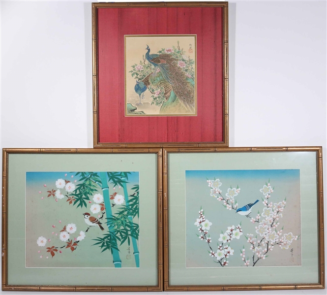 Two Japanese Paintings on Fabric, Birds & Flowers