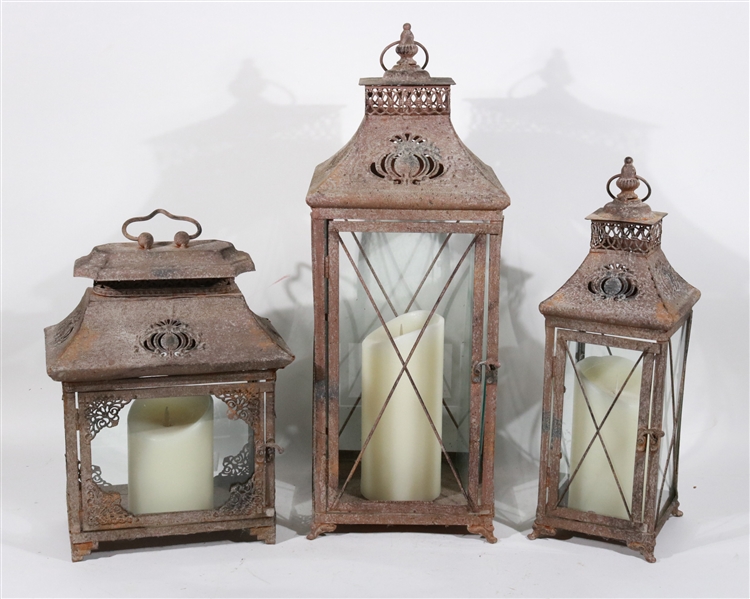 Three Antiqued Hurricane Lanterns