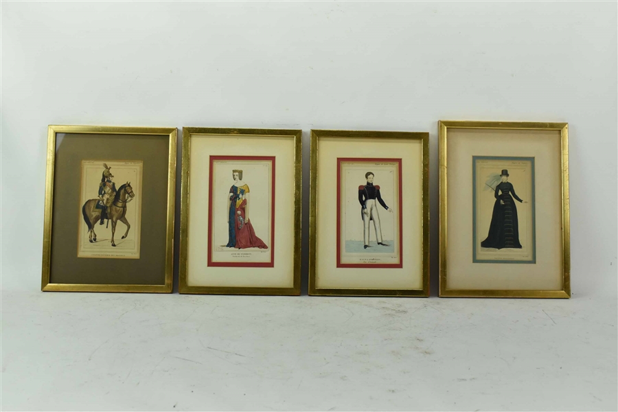 4 Antique French Colored Prints 