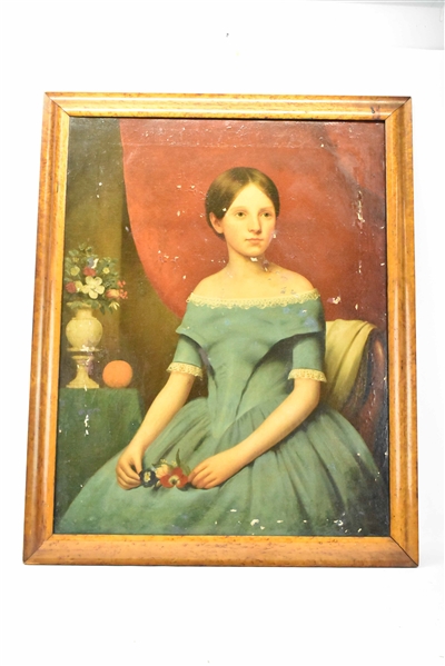 Antique Oil on Canvas Portrait of Young Girl