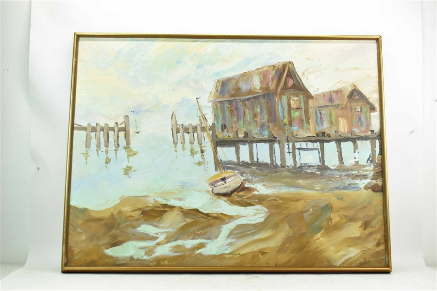 Oil on Canvas New England Dockside Scene