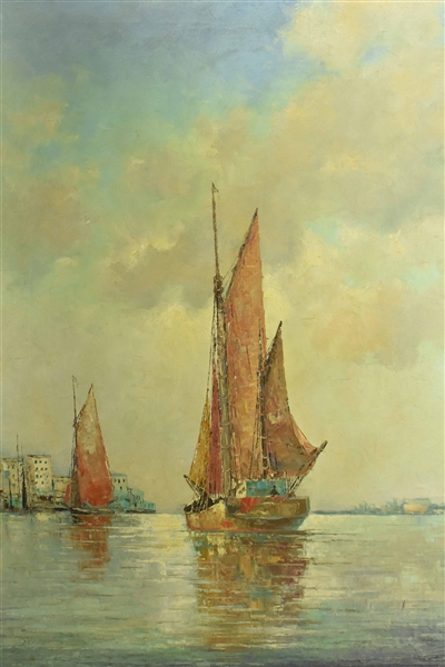 Franz Ambrasath Oil on Canvas of Ships Near Port