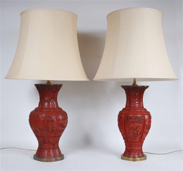 Pair of Chinese Cinnabar Vases