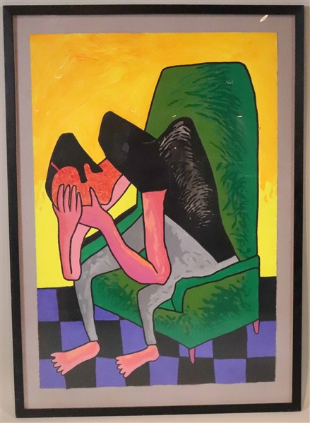 Acrylic on Paper, Seated Creature in Green Chair 