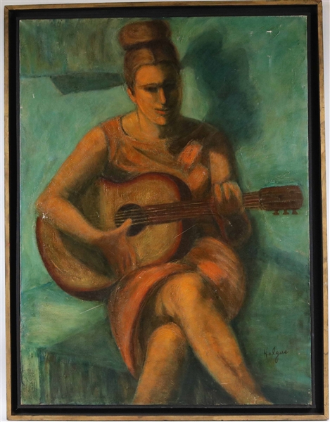 Oil on Canvas, Mid Century Green Guitar