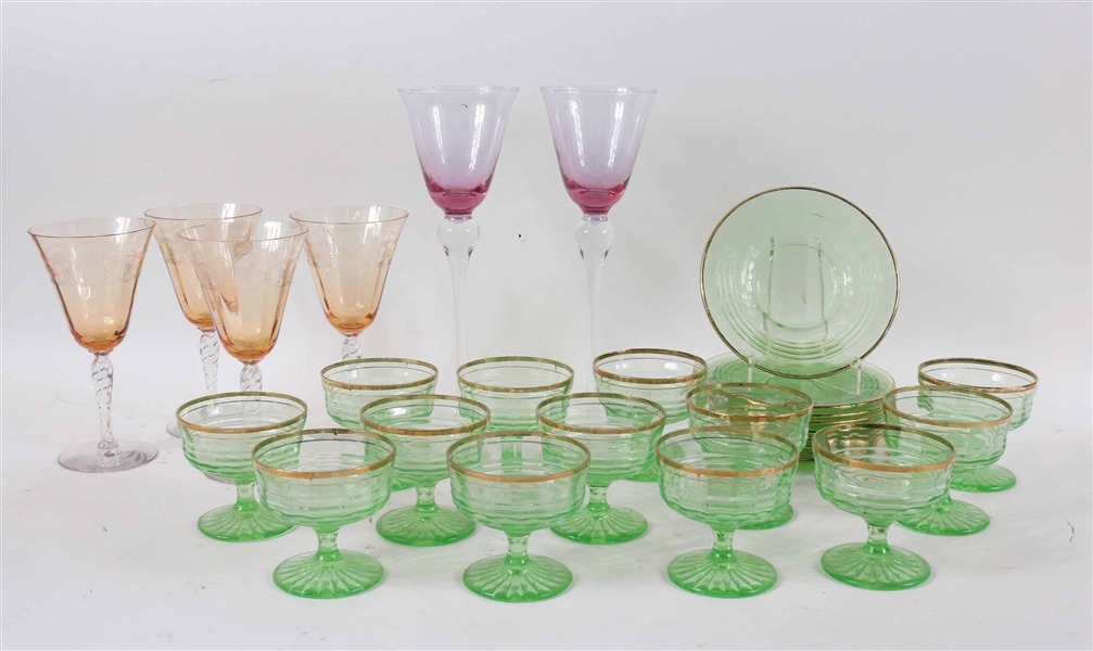 Set of Gilt Green Glass Sherbet Cups and Saucers