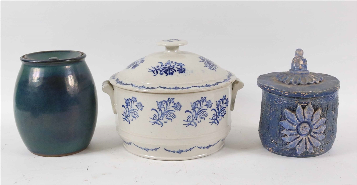 Three Blue-Glazed Ceramic Covered Vessels