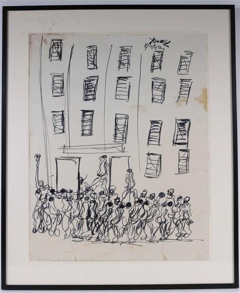 Purvis Young, Ink on Paper, Figures near Building