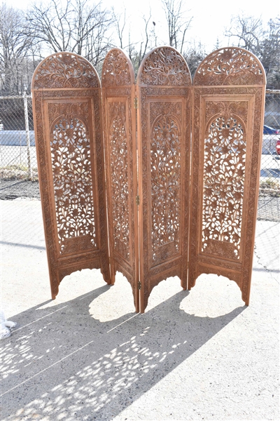 Indian Carved Wood 4 Panel Folding Screen