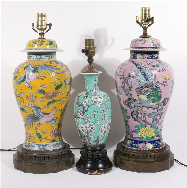 Three Chinese Porcelain Famille Rose Lamps