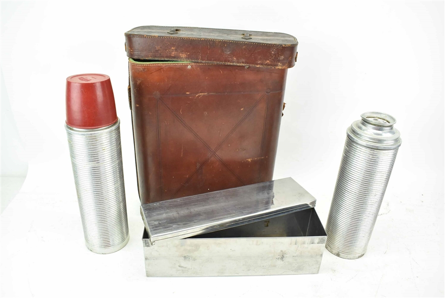 Vintage Leather Picnic Case with Thermos Bottles