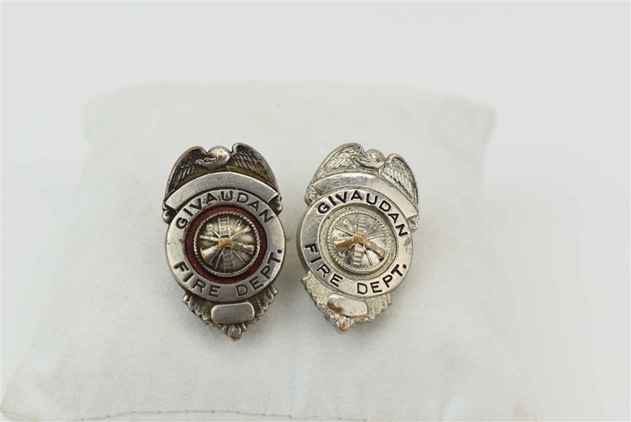 Two Vintage Givaudan Fire Department Badges