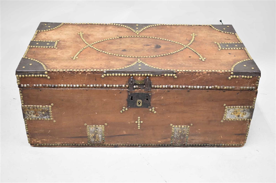 Antique Wooden Brass Tack Decorated Trunk