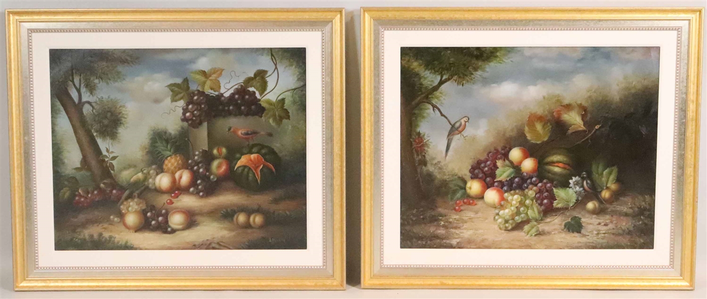 Two Oils on Canvas, Still Life of Fruit & Birds
