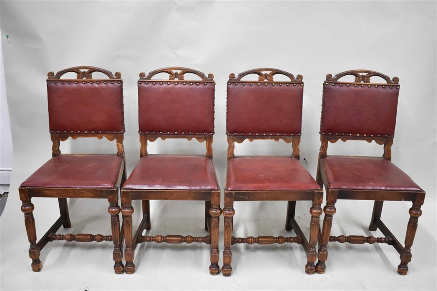 Set of 4 Jacobean Style Leather Side Chairs