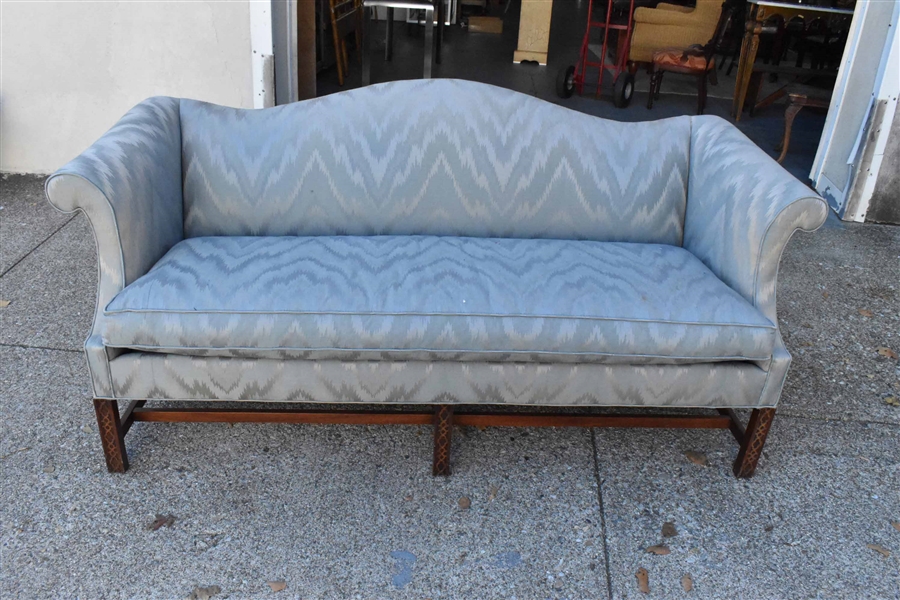 Chippendale Style Blue-Upholstered Mahogany Sofa