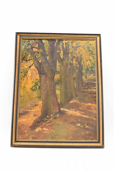 Oil on Board of Tree Lined Road in Autumn