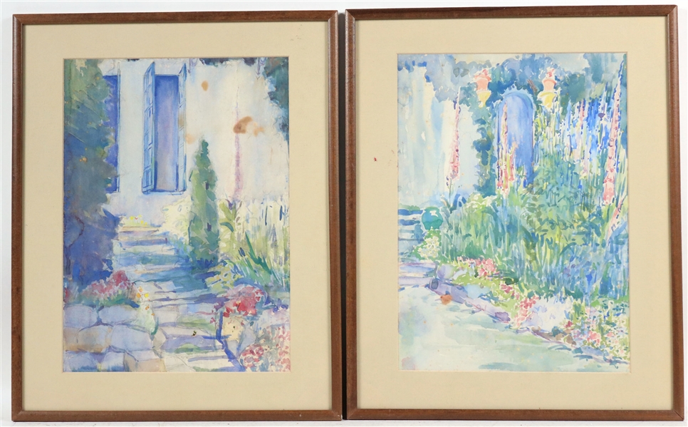 Two Watercolors, Impressionist Garden Scenes