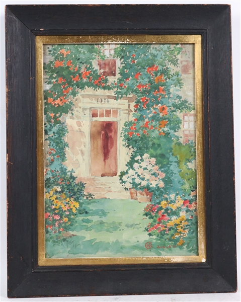 Watercolor on Paper, Door Surrounded by Flowers