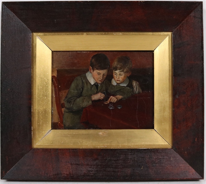 Oil on Canvas, Two Boys Repairing a Pocket Watch