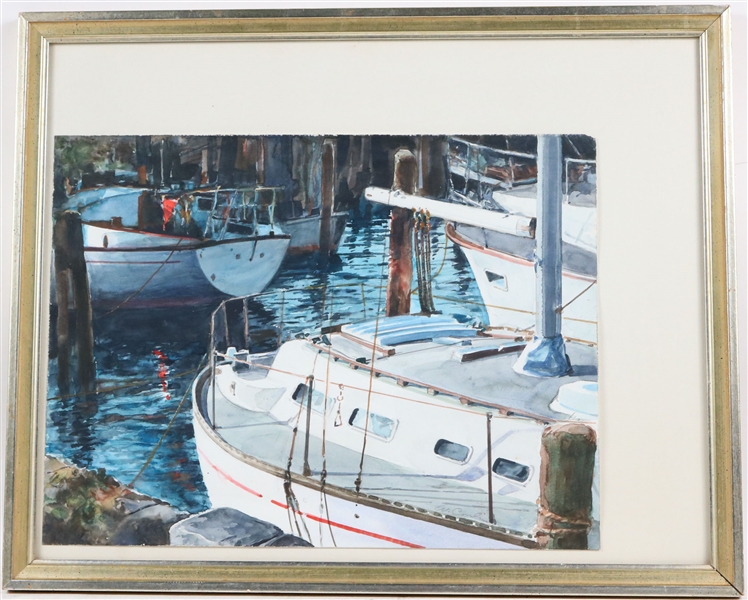 Watercolor on Paper, Boats at a Dock