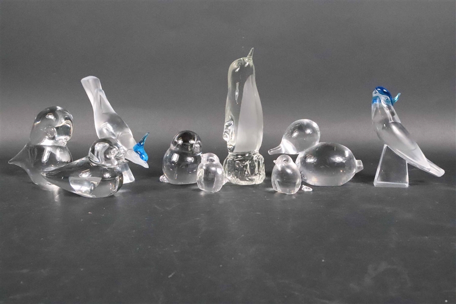 Nine Glass and Crystal Bird Figurines