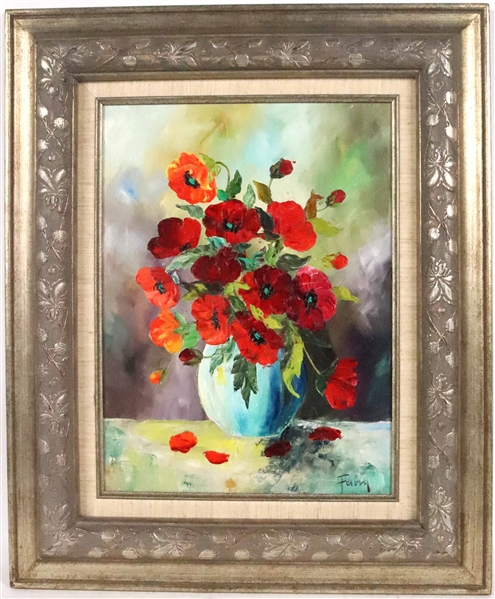 Oil on Canvas, Red Flowers in Blue Vase