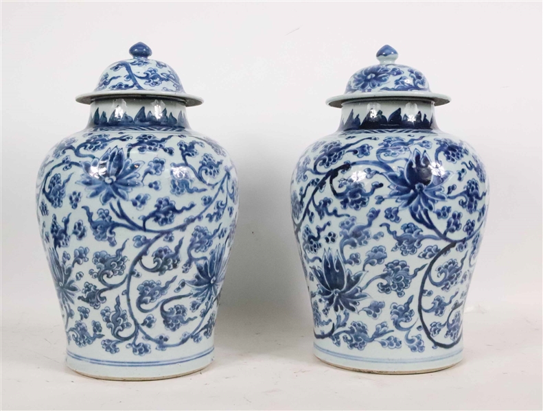 Pair of Chinese Export Blue & White Covered Vases