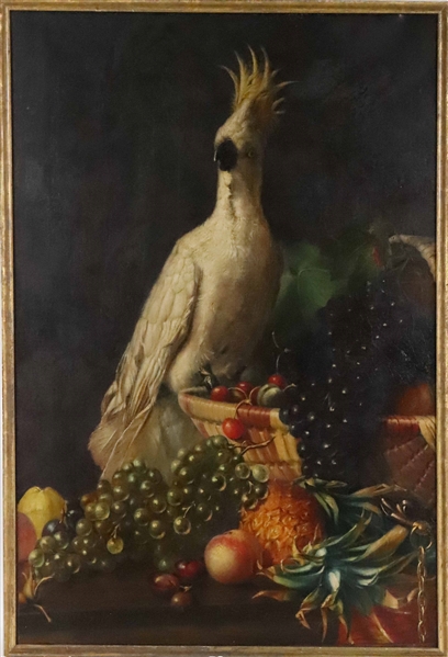 J.E. Stevens, Oil on Canvas, Cockatiel and Fruit