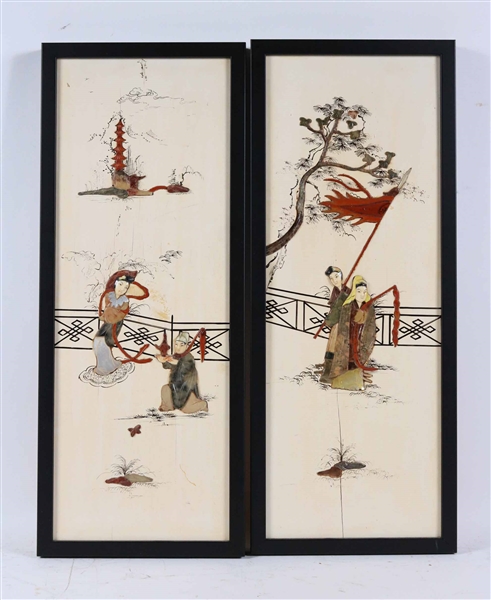 Two Japanese Stone Inset Painted Wood Panels