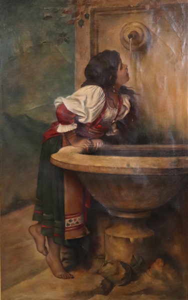 Oil on Canvas, Roman Girl at Fountain