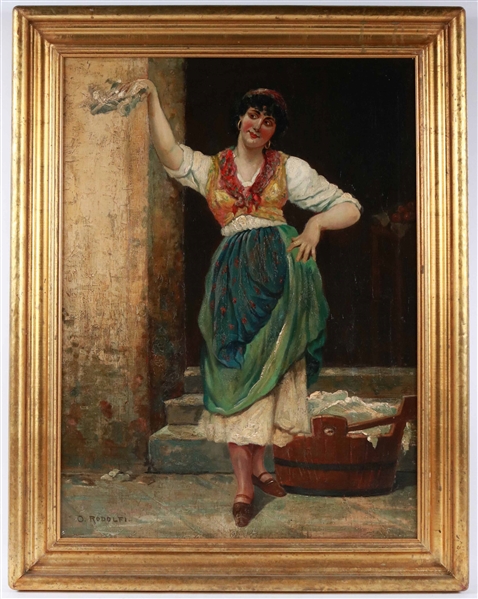 O. Rodolfi, Oil on Board, Woman in Doorway