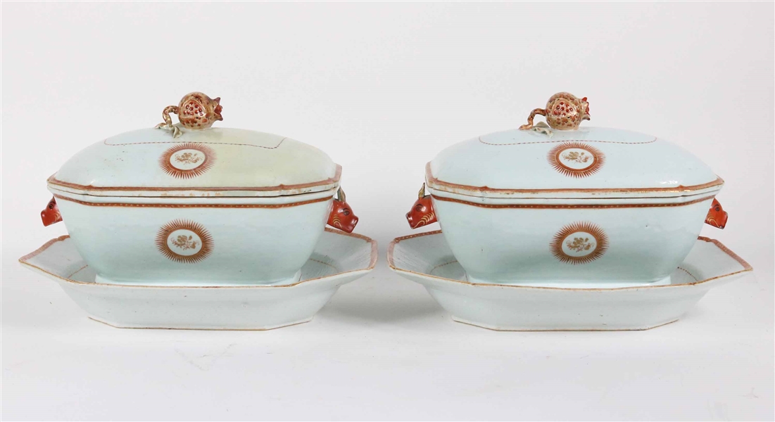 Pair of Covered Tureens and Underplates