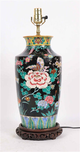 Chinese Famille Noir Porcelain Vase Table Lamp