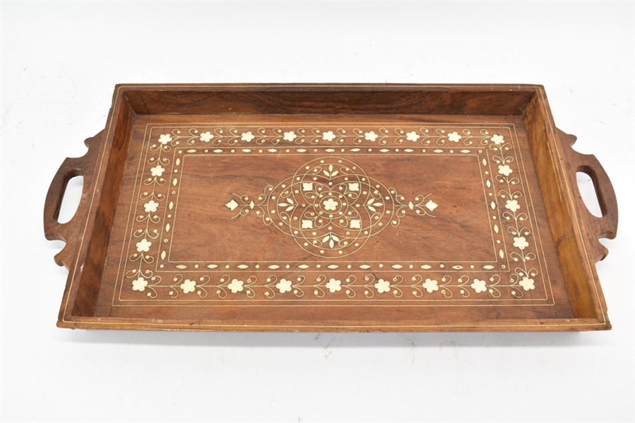 Moroccan Style Inlaid Double Handled Wood Tray