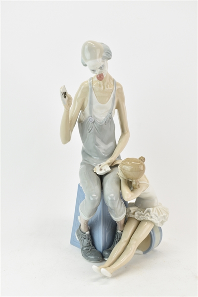 Lladro Tall Card Playing Clown with Girl in Tutu