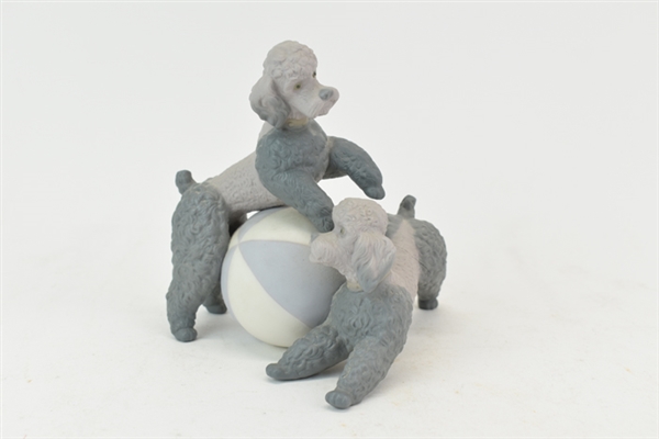 Lladro Matte Poodle Dogs Playing with Giant Ball