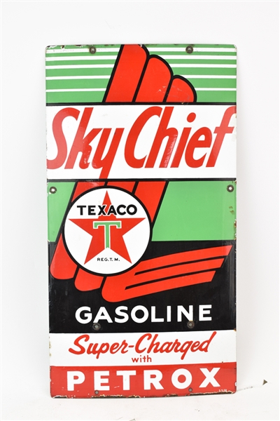 Sky Chief Texaco Gasoline Enamel Over Metal Sign