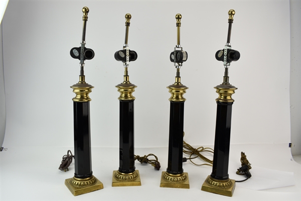 Four Black Glass and Brass Table Lamps