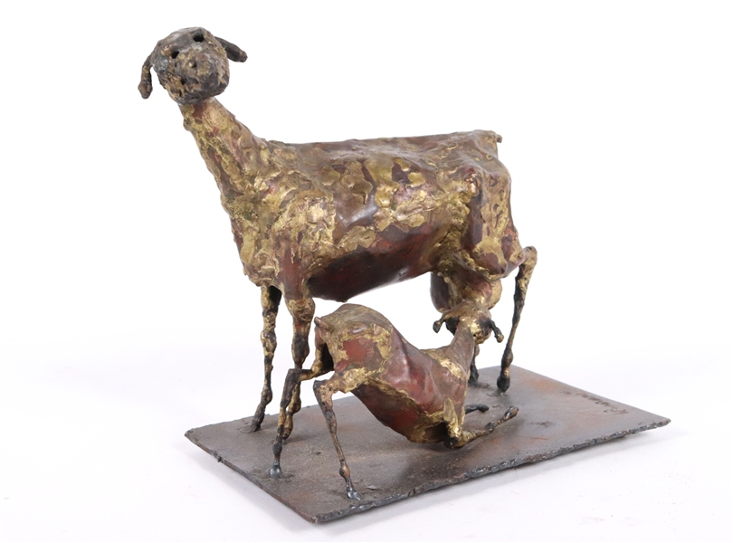 Hammered Metal Sculpture of Goat and Kid