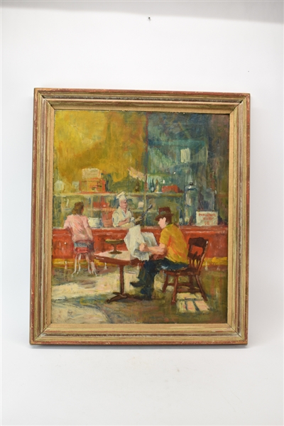 Large Oil on Canvas of Man in Cafe