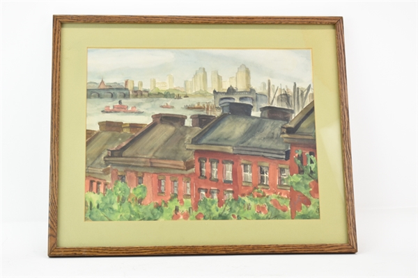 Watercolor of Rooftops and Skyline by E. Grat