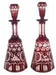 Pair of Ruby Cut to Clear Glass Decanters