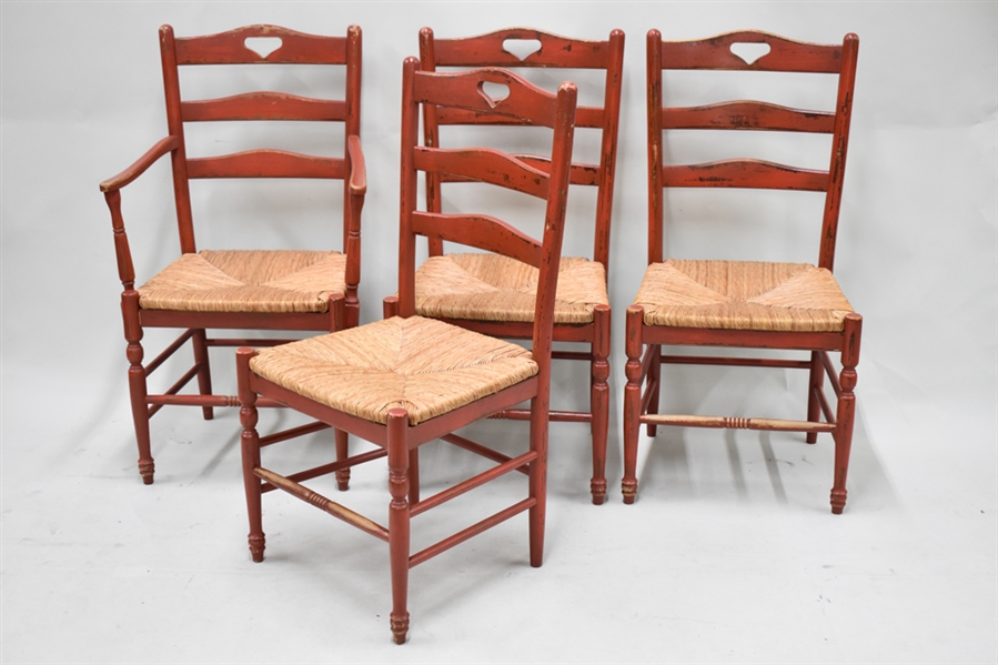 Four Rush Seat Ladderback Red Painted Chairs