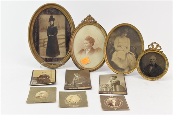Four Brass Oval Frames & Old Photos