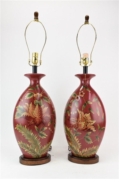 Pair Floral Painted Red Wooden Table Lamps