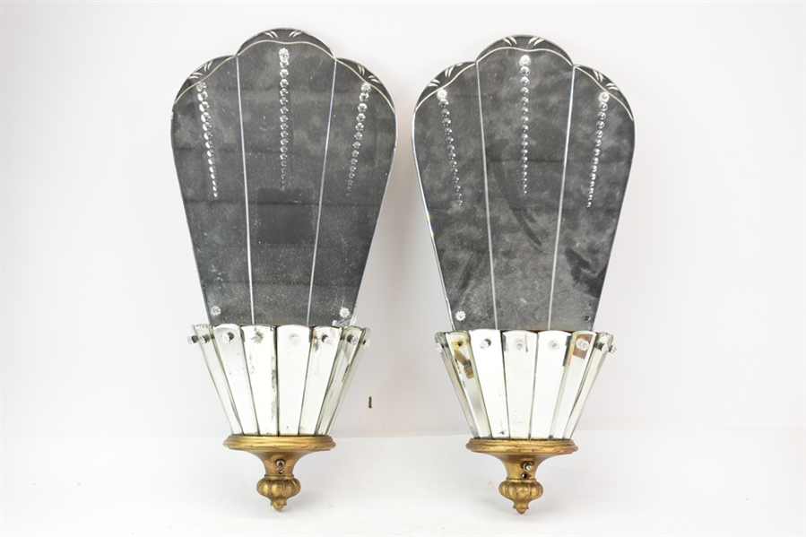 Pair Art Deco Style Mirror Back Wall Sconces