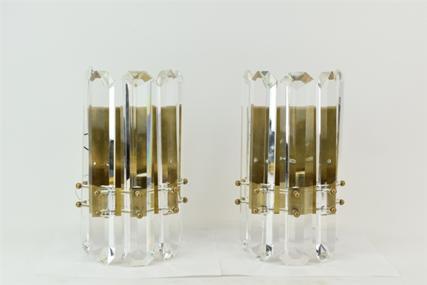 Pair Modern Brass and Glass Prism Sconces