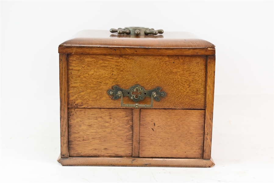 Antique Golden Oak Ships Puzzle Box Tea Caddy