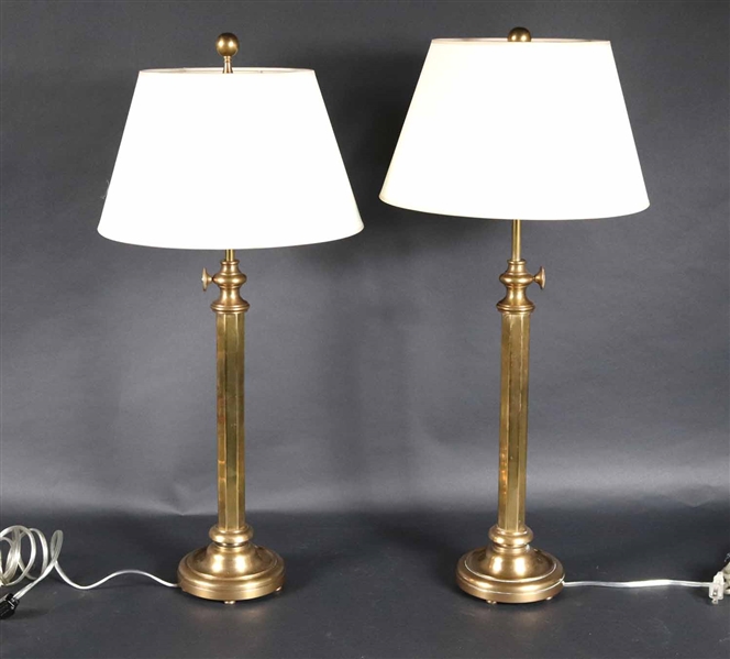 Pair of Brass Columnar Candlestick-Form Lamps